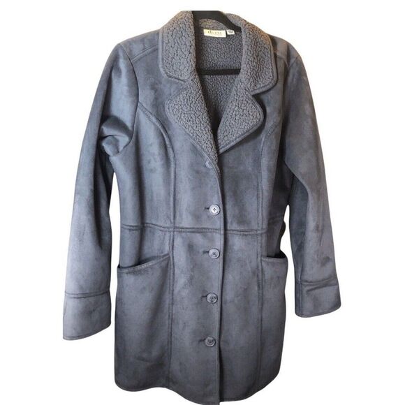 D &‎ Co Jacket Women Medium Gray Sherpa Lined Long Coat Pockets Collared Buttons - Picture 1 of 5